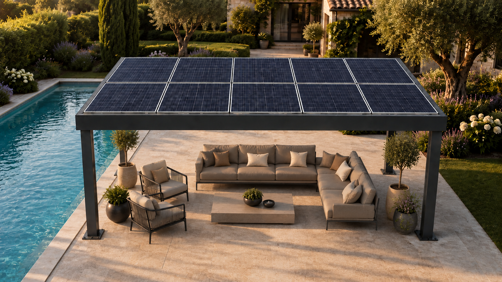 Gazebo fotovoltaico Power Kit Solar da 5 kWp con 10 pannelli, area relax e piscina in giardino