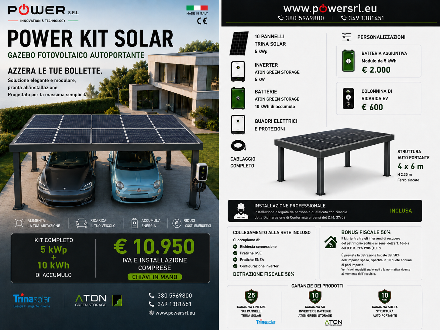 Power Kit Solar: gazebo fotovoltaico autoportante da 5 kWp con accumulo da 10 kWh e installazione inclusa